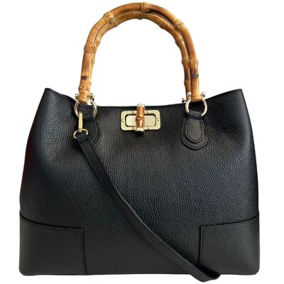 Modarno Women's Bag in Genuine Leather with Real Bamboo Handle/Elegant and Minimal/Luxury Bag Made in Italy