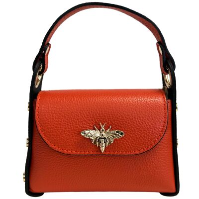 Modern mini bag in genuine dollar leather with bee-shaped lobster clasp closure, side studs, removable metal chain, leather handle