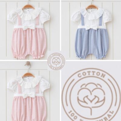 A Pack of Four Sizes  100% Cotton 0-12M Elegant Natural Look Ribboned Girl Romper