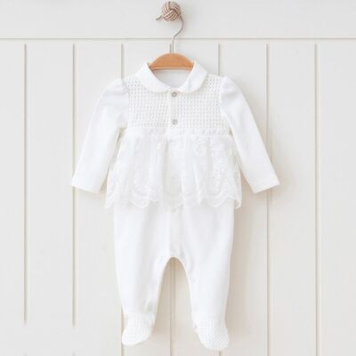 A Pack of Four Sizes White Baby Girl 0-12M Footed Jumpsuit with Lace Detail