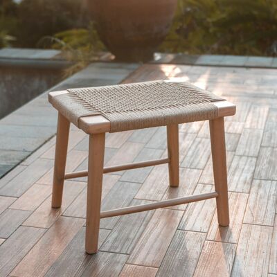 Large stool SUNDA (beige) made of trembesi wood with a seat made of woven recycled paper