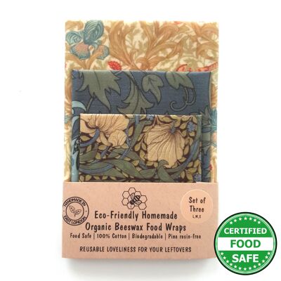 Set of 3 (L,M,S) Beeswax Wraps | Handmade in the UK | William Morris Food Wraps | Iris