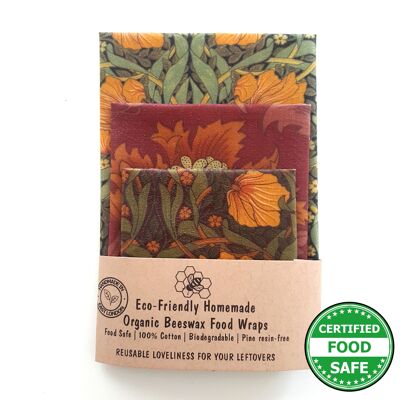 Set of 3 (L,M,S) Beeswax Wraps | Handmade in the UK | William Morris Food Wraps | Pimpernel