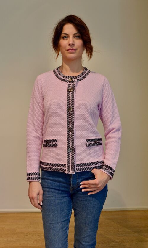 Cardigan Maglieria Unito con Bordi in Contrasto in Pura Lana