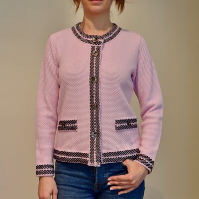 Plain Knitted Cardigan with Contrasting Edges in Pure Wool