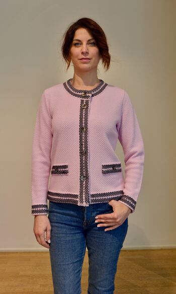 Cardigan tricoté uni à bords contrastés en pure laine 1