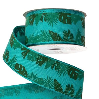 Premium-Satinband mit Monstera-Blättern und Drahtkante, 38 mm x 6.4m