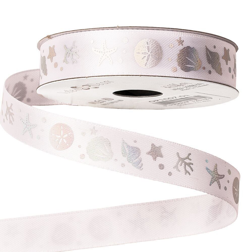 Satinband mit Muschelmuster, 16 mm x 6.4m - Weiß