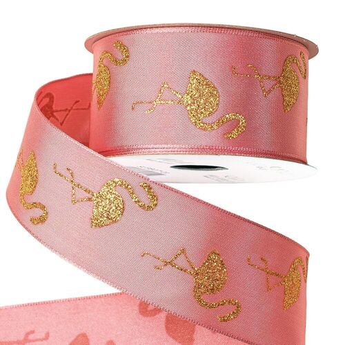 Flamingo patterned satin ribbon with wired edge 38mm x 6.4m - Pink with golden glitter