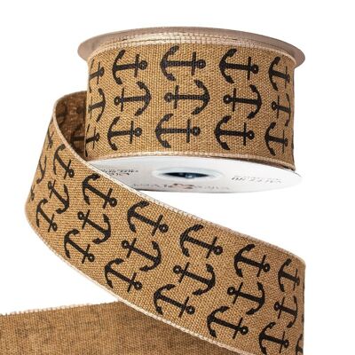 Anchor patterned canvas ribbon with wired edge 38mm x 6.4m - Nature