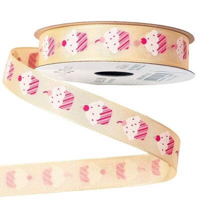 Muffin patterned satin ribbon 16mm x 6.4m - Cream