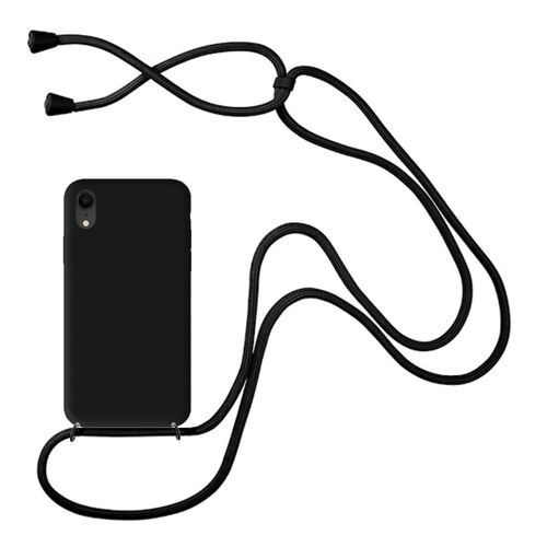 Coque compatible iPhone XR silicone liquide avec cordon - Noir