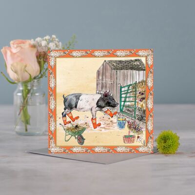 Pig Bouquet Boots Greeting Card