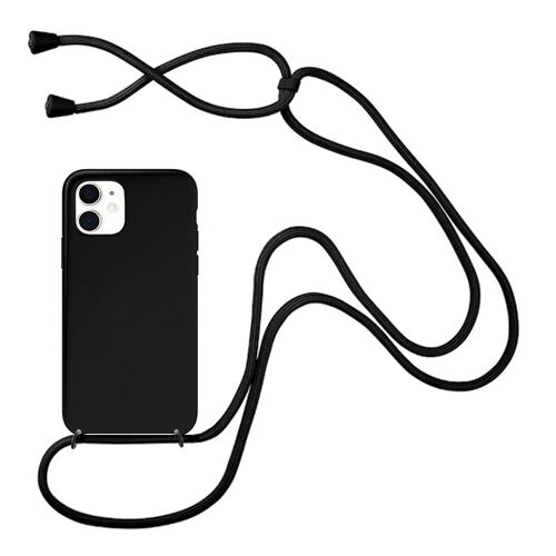 Coque compatible iPhone 11 silicone liquide avec cordon - Noir