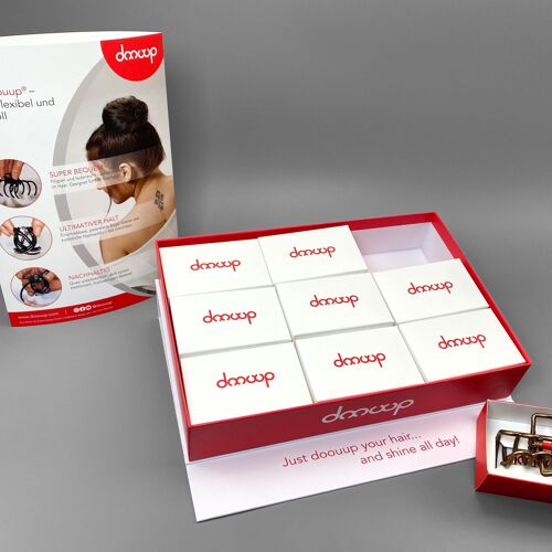 Starterpaket Haarspange doouup® - sofort verkaufsfähig präsentieren, enthält 9 doouups, ein Muster, die Präsentationsbox und den Aufsteller