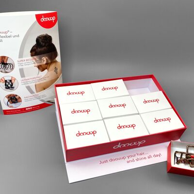 Pacchetto iniziale fermaglio per capelli doouup® - pronto per la vendita immediata, contiene 9 doouup, un campione, la scatola di presentazione e il supporto