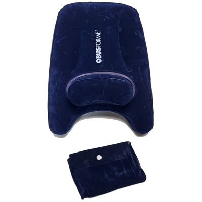 Blue inflatable ObusForme travel pillows for side sleeping