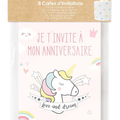 8 tarjetas de invitación “Unicornio”