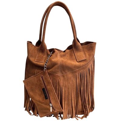 Modarno Bolso shopper de mujer en ante auténtico con flecos y joyero del mismo color.