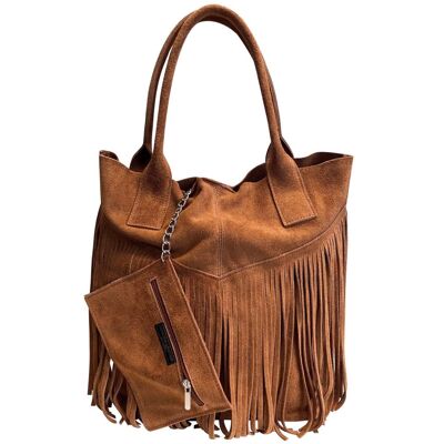Modarno Women's shopper bag in real suede with fringe plus jewelery case in the same colour