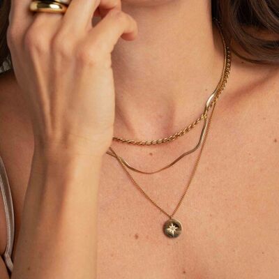 Aloisia-Halskette – 3-reihig, Panzerglied, Spiegel und Sträfling mit runder Pastille, graviertem Stern und Kristall