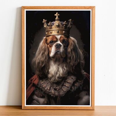 Cavalier King Charles Spaniel Vintage estilo retrato de perro, arte de la pared del perro, cuerpo humano de la cabeza del perro, impresión del perro, cartel del perro, decoración del hogar, regalo del perro