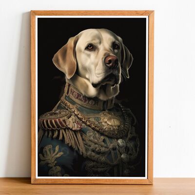 Labrador 01 portrait de chien de style vintage, art mural de chien, corps humain de tête de chien, impression de chien, affiche de chien, décoration intérieure, cadeau de chien