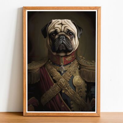 Portrait de chien de style vintage carlin, art mural de chien, corps humain de tête de chien, impression de chien, affiche de chien, décoration intérieure, cadeau de chien