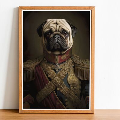 Ritratto di cane in stile vintage Pug, arte della parete del cane, testa di cane, corpo umano, stampa di cane, poster di cane, decorazioni per la casa, regalo per cani
