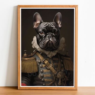Bulldog Francés 02 Retrato de perro de estilo vintage, arte de la pared del perro, cuerpo humano de cabeza de perro, impresión de perro, cartel de perro, decoración del hogar, regalo de perro