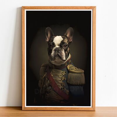 Bulldog francese 01 Ritratto di cane in stile vintage, Arte della parete del cane, Corpo umano della testa del cane, Stampa del cane, Poster del cane, Arredamento per la casa, Regalo del cane