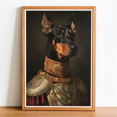 Retrato de perro estilo vintage Doberman, arte estilo Rembrandt, arte de pared de perro, cuerpo humano de cabeza de perro, impresión de perro, cartel de perro, decoración del hogar, regalo de perro