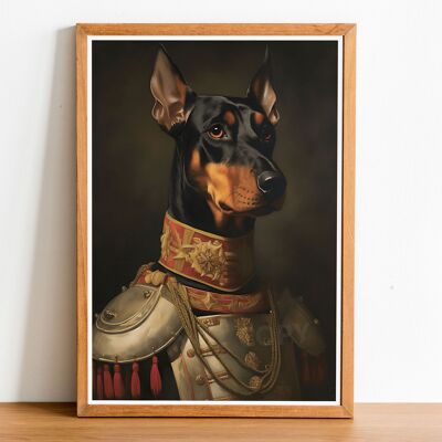 Ritratto di cane in stile vintage Doberman, arte in stile Rembrandt, arte della parete del cane, corpo umano della testa del cane, stampa del cane, poster del cane, decorazioni per la casa, regalo per cani
