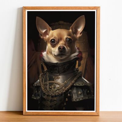 Retrato de perro de estilo vintage de Chihuahua, arte estilo Rembrandt, arte de la pared del perro, cuerpo humano de cabeza de perro, impresión de perro, cartel de perro, decoración del hogar, regalo de perro