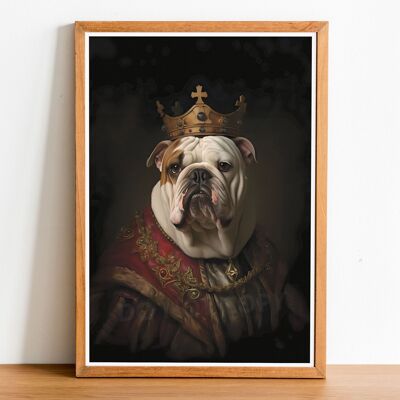 Bulldog 02 Retrato de perro de estilo vintage, arte estilo Rembrandt, arte de pared de perro, cuerpo humano de cabeza de perro, impresión de perro, cartel de perro, decoración del hogar, regalo de perro