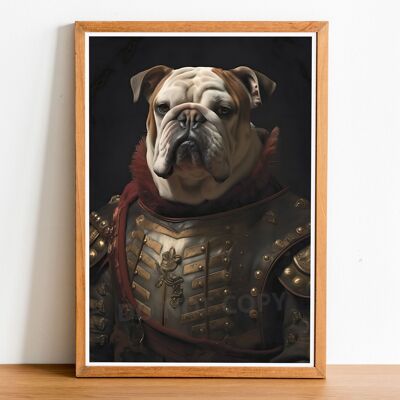 Bulldog 01 Retrato de perro de estilo vintage, arte estilo Rembrandt, arte de pared de perro, cuerpo humano de cabeza de perro, impresión de perro, cartel de perro, decoración del hogar, regalo de perro