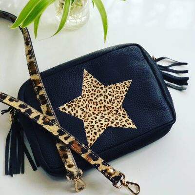 Leopard Star Camera Kylie Umhängetasche aus gekrispeltem Leder schwarz