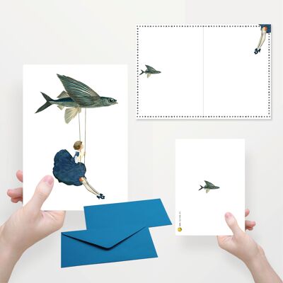 Greeting card folded in half with envelope lady flying fish