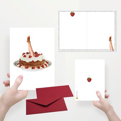 Carte de voeux anniversaire pliée en deux avec enveloppe gâteau avec pattes