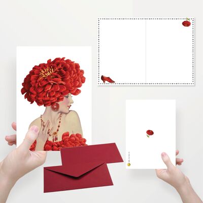 Greeting card folded in half with lady in red