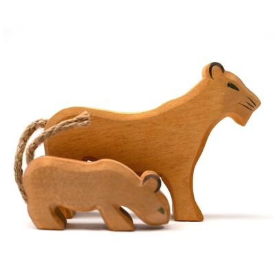 Animales de juguete de madera - Madre y león bebé - Montessori - Juguetes abiertos