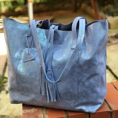 Metallic Magpie Genuine Leather Alice Tote Bag #LB901 Blue