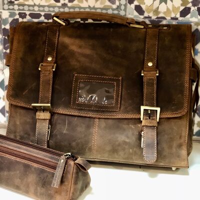 Sacoche pour ordinateur portable vintage en cuir vieilli Venator #UM41 Marron