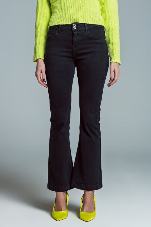 Skinny Flared Jeans With Double Button Detail in Black