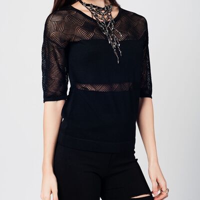Black knitted top with lace contrast detail