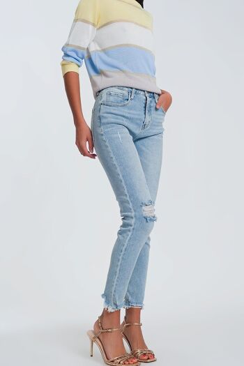 Jean skinny déchiré aux genoux avec ourlet brut - Bleu clair 1