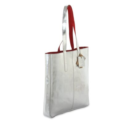 Bolso tote de piel reversible Hydestyle Metallic Sofia # LB32 plateado