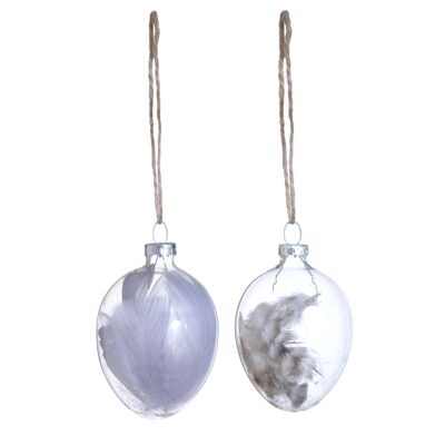 Pendant Egg Glass Feather 2 assorted D6 H9cm