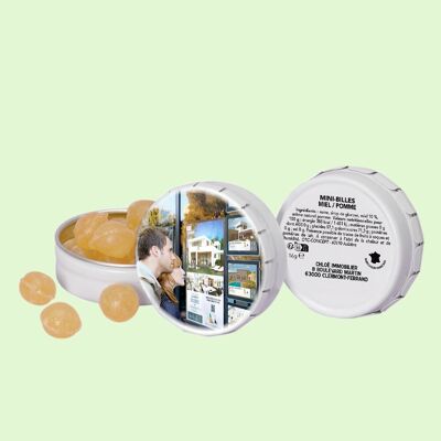 Cajas de dulces de 45 mm de diámetro personalizables en etiqueta blanca