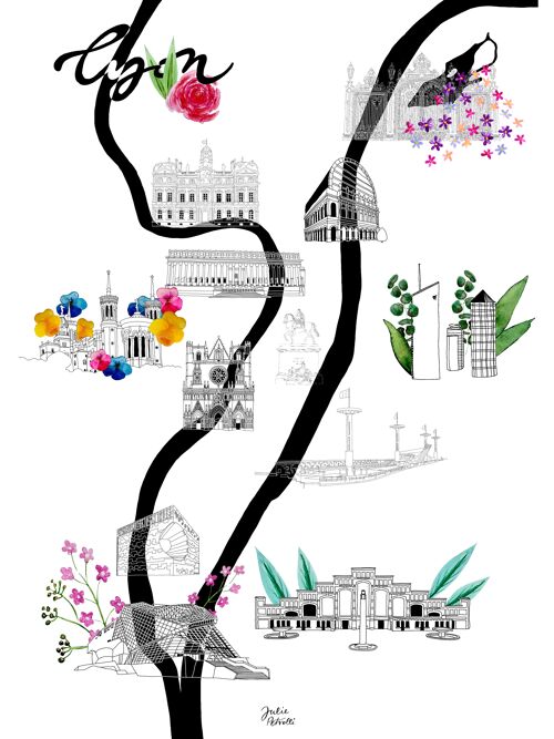 Art print A3 - Plan de Lyon fleuri